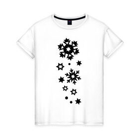 Женская футболка хлопок с принтом Снежинки в Екатеринбурге, 100% хлопок | прямой крой, круглый вырез горловины, длина до линии бедер, слегка спущенное плечо | зима | снег | снегопад | снежинка | снежинки