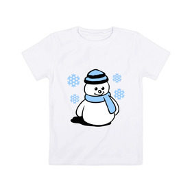 Детская футболка хлопок с принтом Снеговик в Екатеринбурге, 100% хлопок | круглый вырез горловины, полуприлегающий силуэт, длина до линии бедер | зима | новый год | снег | снеговик | снежинки | шарф