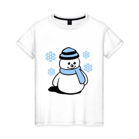 Женская футболка хлопок с принтом Снеговик в Екатеринбурге, 100% хлопок | прямой крой, круглый вырез горловины, длина до линии бедер, слегка спущенное плечо | зима | новый год | снег | снеговик | снежинки | шарф