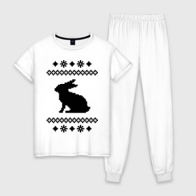 Женская пижама хлопок с принтом Свитер с зайцем в Екатеринбурге, 100% хлопок | брюки и футболка прямого кроя, без карманов, на брюках мягкая резинка на поясе и по низу штанин | заяц | свитер | свитер с зайцем | снежинки | узор