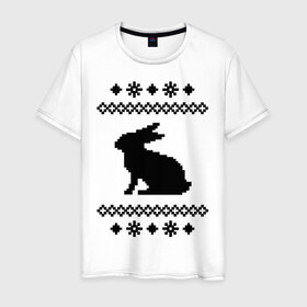 Мужская футболка хлопок с принтом Свитер с зайцем в Екатеринбурге, 100% хлопок | прямой крой, круглый вырез горловины, длина до линии бедер, слегка спущенное плечо. | Тематика изображения на принте: заяц | свитер | свитер с зайцем | снежинки | узор