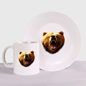 Набор: тарелка + кружка с принтом Медведь в Екатеринбурге, керамика | Кружка: объем — 330 мл, диаметр — 80 мм. Принт наносится на бока кружки, можно сделать два разных изображения. 
Тарелка: диаметр - 210 мм, диаметр для нанесения принта - 120 мм. | animals | bear | mountain | животные | медведь | прикольные картинки