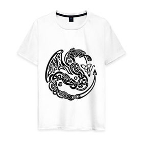 Мужская футболка хлопок с принтом Кельтский дракон в Екатеринбурге, 100% хлопок | прямой крой, круглый вырез горловины, длина до линии бедер, слегка спущенное плечо. | вязь | дракон | кельтский | кельты | трайбл | узор