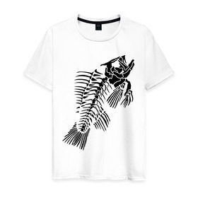 Мужская футболка хлопок с принтом Рыбий скелет в Екатеринбурге, 100% хлопок | прямой крой, круглый вырез горловины, длина до линии бедер, слегка спущенное плечо. | Тематика изображения на принте: скелет