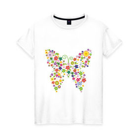 Женская футболка хлопок с принтом Бабочка из цветов в Екатеринбурге, 100% хлопок | прямой крой, круглый вырез горловины, длина до линии бедер, слегка спущенное плечо | бабочка | цветочек