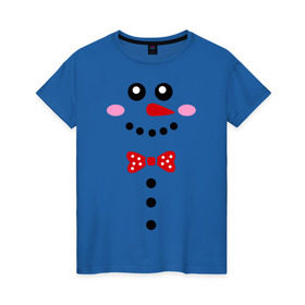 Женская футболка хлопок с принтом Позитивный снеговичек в Екатеринбурге, 100% хлопок | прямой крой, круглый вырез горловины, длина до линии бедер, слегка спущенное плечо | новый год | позитивный снеговичек | снег | снеговие | улыбка