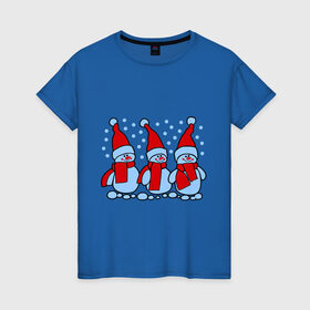 Женская футболка хлопок с принтом Три снеговика в Екатеринбурге, 100% хлопок | прямой крой, круглый вырез горловины, длина до линии бедер, слегка спущенное плечо | новый год | снег | снеговик | снеговики | снеговички | три снеговика | шапка