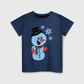 Детская футболка хлопок с принтом Снеговик и снежинки в Екатеринбурге, 100% хлопок | круглый вырез горловины, полуприлегающий силуэт, длина до линии бедер | новый год | снег | снеговик | снеговик и снежинки | снежинка | снежинки
