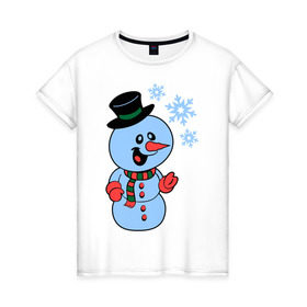 Женская футболка хлопок с принтом Снеговик и снежинки в Екатеринбурге, 100% хлопок | прямой крой, круглый вырез горловины, длина до линии бедер, слегка спущенное плечо | новый год | снег | снеговик | снеговик и снежинки | снежинка | снежинки
