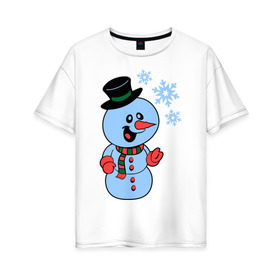 Женская футболка хлопок Oversize с принтом Снеговик и снежинки в Екатеринбурге, 100% хлопок | свободный крой, круглый ворот, спущенный рукав, длина до линии бедер
 | новый год | снег | снеговик | снеговик и снежинки | снежинка | снежинки