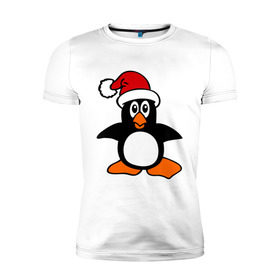 Мужская футболка премиум с принтом Новогодний пингвин. в Екатеринбурге, 92% хлопок, 8% лайкра | приталенный силуэт, круглый вырез ворота, длина до линии бедра, короткий рукав | пингвин