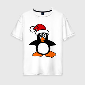 Женская футболка хлопок Oversize с принтом Новогодний пингвин. в Екатеринбурге, 100% хлопок | свободный крой, круглый ворот, спущенный рукав, длина до линии бедер
 | пингвин