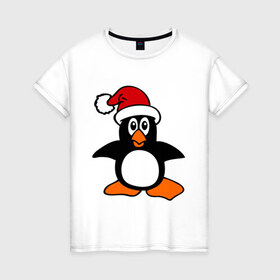 Женская футболка хлопок с принтом Новогодний пингвин. в Екатеринбурге, 100% хлопок | прямой крой, круглый вырез горловины, длина до линии бедер, слегка спущенное плечо | пингвин