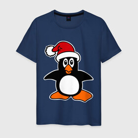 Мужская футболка хлопок с принтом Новогодний пингвин. в Екатеринбурге, 100% хлопок | прямой крой, круглый вырез горловины, длина до линии бедер, слегка спущенное плечо. | пингвин