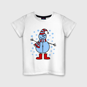 Детская футболка хлопок с принтом Веселый снеговик в Екатеринбурге, 100% хлопок | круглый вырез горловины, полуприлегающий силуэт, длина до линии бедер | веселый снеговик | зима | новый год | снег | снеговик | снежинки