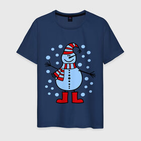 Мужская футболка хлопок с принтом Веселый снеговик в Екатеринбурге, 100% хлопок | прямой крой, круглый вырез горловины, длина до линии бедер, слегка спущенное плечо. | веселый снеговик | зима | новый год | снег | снеговик | снежинки