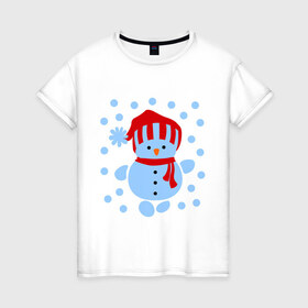 Женская футболка хлопок с принтом Снеговик и снегопад в Екатеринбурге, 100% хлопок | прямой крой, круглый вырез горловины, длина до линии бедер, слегка спущенное плечо | новый год | подарок | снег | снеговик | снеговичок | снежок