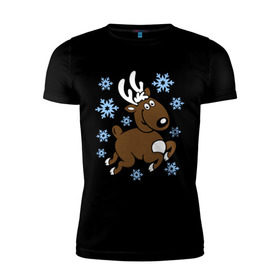 Мужская футболка премиум с принтом Олень и снежинки. в Екатеринбурге, 92% хлопок, 8% лайкра | приталенный силуэт, круглый вырез ворота, длина до линии бедра, короткий рукав | новогодние подарки | новый год | олененок | олень | подарок на новый год | снежинки