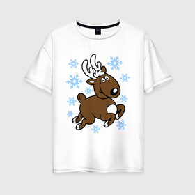 Женская футболка хлопок Oversize с принтом Олень и снежинки. в Екатеринбурге, 100% хлопок | свободный крой, круглый ворот, спущенный рукав, длина до линии бедер
 | новогодние подарки | новый год | олененок | олень | подарок на новый год | снежинки