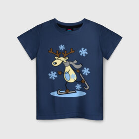 Детская футболка хлопок с принтом Олень на лыжах. в Екатеринбурге, 100% хлопок | круглый вырез горловины, полуприлегающий силуэт, длина до линии бедер | лыжи | новогодние подарки | новый год | олененок | олень | подарок на новый год