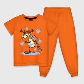 Детская пижама хлопок с принтом Олень на лыжах. в Екатеринбурге, 100% хлопок |  брюки и футболка прямого кроя, без карманов, на брюках мягкая резинка на поясе и по низу штанин
 | Тематика изображения на принте: лыжи | новогодние подарки | новый год | олененок | олень | подарок на новый год