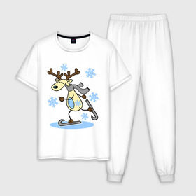 Мужская пижама хлопок с принтом Олень на лыжах. в Екатеринбурге, 100% хлопок | брюки и футболка прямого кроя, без карманов, на брюках мягкая резинка на поясе и по низу штанин
 | лыжи | новогодние подарки | новый год | олененок | олень | подарок на новый год