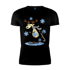 Мужская футболка премиум с принтом Олень на лыжах. в Екатеринбурге, 92% хлопок, 8% лайкра | приталенный силуэт, круглый вырез ворота, длина до линии бедра, короткий рукав | лыжи | новогодние подарки | новый год | олененок | олень | подарок на новый год