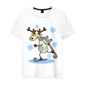 Мужская футболка хлопок с принтом Олень на лыжах. в Екатеринбурге, 100% хлопок | прямой крой, круглый вырез горловины, длина до линии бедер, слегка спущенное плечо. | Тематика изображения на принте: лыжи | новогодние подарки | новый год | олененок | олень | подарок на новый год