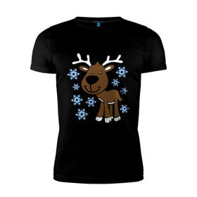 Мужская футболка премиум с принтом Олень в снегу. в Екатеринбурге, 92% хлопок, 8% лайкра | приталенный силуэт, круглый вырез ворота, длина до линии бедра, короткий рукав | новогодний подарок | новый год | олень | с новым годом | снег | снежинки