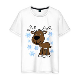 Мужская футболка хлопок с принтом Олень в снегу. в Екатеринбурге, 100% хлопок | прямой крой, круглый вырез горловины, длина до линии бедер, слегка спущенное плечо. | новогодний подарок | новый год | олень | с новым годом | снег | снежинки