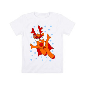 Детская футболка хлопок с принтом Новогодний олень в Екатеринбурге, 100% хлопок | круглый вырез горловины, полуприлегающий силуэт, длина до линии бедер | новогодний подарок | новый год | олень | с новым годом | снег | снежинки