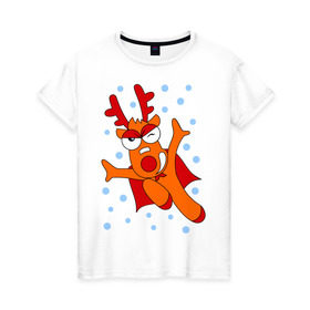Женская футболка хлопок с принтом Новогодний олень в Екатеринбурге, 100% хлопок | прямой крой, круглый вырез горловины, длина до линии бедер, слегка спущенное плечо | новогодний подарок | новый год | олень | с новым годом | снег | снежинки