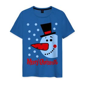 Мужская футболка хлопок с принтом Снеговик в цилиндре в Екатеринбурге, 100% хлопок | прямой крой, круглый вырез горловины, длина до линии бедер, слегка спущенное плечо. | merry christmas | морковка | новогодний подарок | новый год | с новым годом | снег | снеговик | снежинки | цилиндр