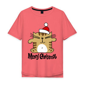 Мужская футболка хлопок Oversize с принтом Квадратный кот в Екатеринбурге, 100% хлопок | свободный крой, круглый ворот, “спинка” длиннее передней части | merry christmas | кот | новогодний колпак | новогодний подарок | новый год | с новым годом