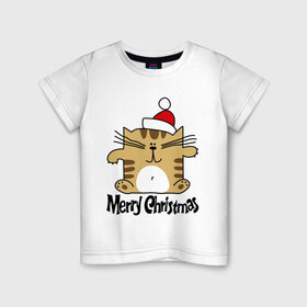 Детская футболка хлопок с принтом Квадратный кот в Екатеринбурге, 100% хлопок | круглый вырез горловины, полуприлегающий силуэт, длина до линии бедер | merry christmas | кот | новогодний колпак | новогодний подарок | новый год | с новым годом