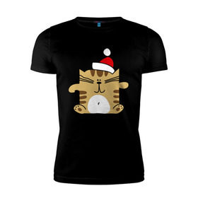 Мужская футболка премиум с принтом Квадратный кот в Екатеринбурге, 92% хлопок, 8% лайкра | приталенный силуэт, круглый вырез ворота, длина до линии бедра, короткий рукав | merry christmas | кот | новогодний колпак | новогодний подарок | новый год | с новым годом