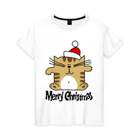 Женская футболка хлопок с принтом Квадратный кот в Екатеринбурге, 100% хлопок | прямой крой, круглый вырез горловины, длина до линии бедер, слегка спущенное плечо | merry christmas | кот | новогодний колпак | новогодний подарок | новый год | с новым годом