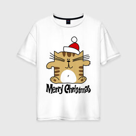 Женская футболка хлопок Oversize с принтом Квадратный кот в Екатеринбурге, 100% хлопок | свободный крой, круглый ворот, спущенный рукав, длина до линии бедер
 | merry christmas | кот | новогодний колпак | новогодний подарок | новый год | с новым годом