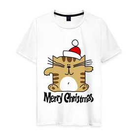 Мужская футболка хлопок с принтом Квадратный кот в Екатеринбурге, 100% хлопок | прямой крой, круглый вырез горловины, длина до линии бедер, слегка спущенное плечо. | merry christmas | кот | новогодний колпак | новогодний подарок | новый год | с новым годом