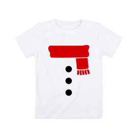 Детская футболка хлопок с принтом Снеговик, пуговицы и шарф в Екатеринбурге, 100% хлопок | круглый вырез горловины, полуприлегающий силуэт, длина до линии бедер | новогодние подарки | новогодний подарок | новый год | снег | снеговик | шарф
