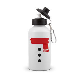 Бутылка спортивная с принтом Снеговик, пуговицы и шарф в Екатеринбурге, металл | емкость — 500 мл, в комплекте две пластиковые крышки и карабин для крепления | новогодние подарки | новогодний подарок | новый год | снег | снеговик | шарф