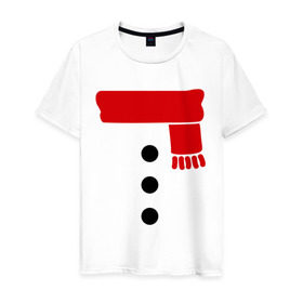 Мужская футболка хлопок с принтом Снеговик, пуговицы и шарф в Екатеринбурге, 100% хлопок | прямой крой, круглый вырез горловины, длина до линии бедер, слегка спущенное плечо. | новогодние подарки | новогодний подарок | новый год | снег | снеговик | шарф