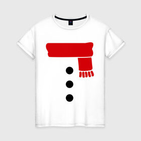 Женская футболка хлопок с принтом Снеговик, пуговицы и шарф в Екатеринбурге, 100% хлопок | прямой крой, круглый вырез горловины, длина до линии бедер, слегка спущенное плечо | новогодние подарки | новогодний подарок | новый год | снег | снеговик | шарф