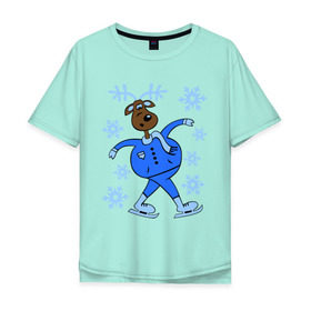 Мужская футболка хлопок Oversize с принтом Олень на коньках в Екатеринбурге, 100% хлопок | свободный крой, круглый ворот, “спинка” длиннее передней части | коньки | новогодний подарок | олень | олень и снег | олень на коньках | с новым годом | снежинки
