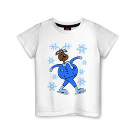 Детская футболка хлопок с принтом Олень на коньках в Екатеринбурге, 100% хлопок | круглый вырез горловины, полуприлегающий силуэт, длина до линии бедер | коньки | новогодний подарок | олень | олень и снег | олень на коньках | с новым годом | снежинки
