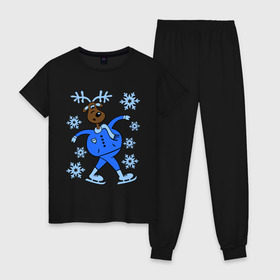 Женская пижама хлопок с принтом Олень на коньках в Екатеринбурге, 100% хлопок | брюки и футболка прямого кроя, без карманов, на брюках мягкая резинка на поясе и по низу штанин | коньки | новогодний подарок | олень | олень и снег | олень на коньках | с новым годом | снежинки