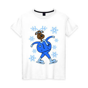 Женская футболка хлопок с принтом Олень на коньках в Екатеринбурге, 100% хлопок | прямой крой, круглый вырез горловины, длина до линии бедер, слегка спущенное плечо | коньки | новогодний подарок | олень | олень и снег | олень на коньках | с новым годом | снежинки