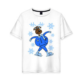 Женская футболка хлопок Oversize с принтом Олень на коньках в Екатеринбурге, 100% хлопок | свободный крой, круглый ворот, спущенный рукав, длина до линии бедер
 | коньки | новогодний подарок | олень | олень и снег | олень на коньках | с новым годом | снежинки