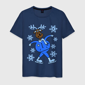 Мужская футболка хлопок с принтом Олень на коньках в Екатеринбурге, 100% хлопок | прямой крой, круглый вырез горловины, длина до линии бедер, слегка спущенное плечо. | коньки | новогодний подарок | олень | олень и снег | олень на коньках | с новым годом | снежинки