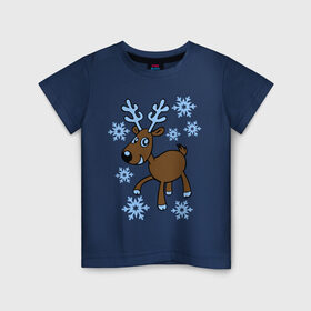 Детская футболка хлопок с принтом Олень и снег в Екатеринбурге, 100% хлопок | круглый вырез горловины, полуприлегающий силуэт, длина до линии бедер | 2014 год | новогодний подарок | новый год | олень | олень и снег | с новым годом | снег | снежинки